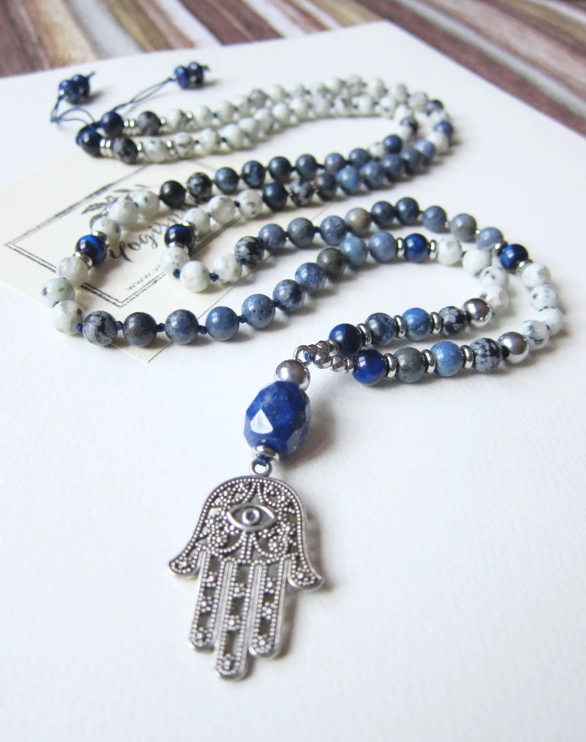 108 Mala Necklace - Love and Patience Blue Hamsa