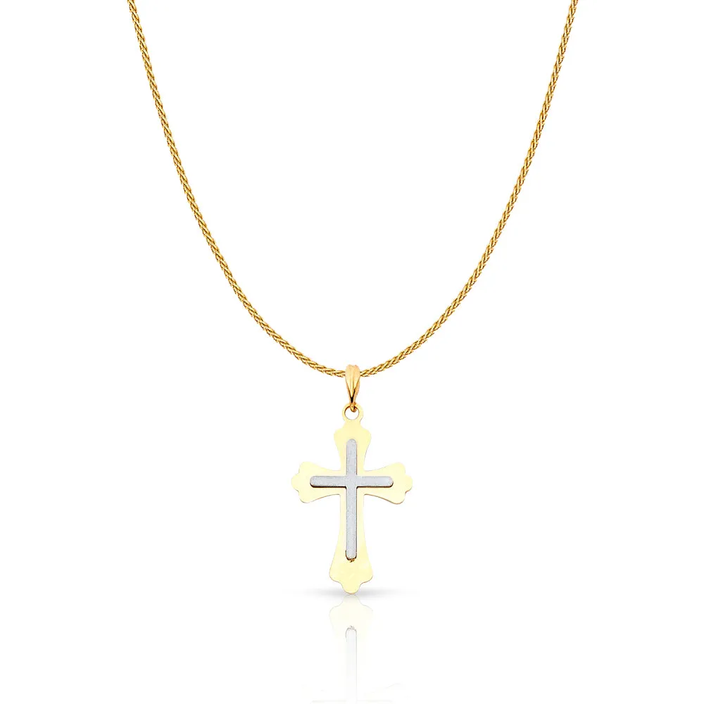 14K Gold Cross Charm Pendant with 0.9mm Wheat Chain Necklace