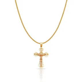 14K Gold Crucifix Charm Pendant with 1.1mm Wheat Chain Necklace