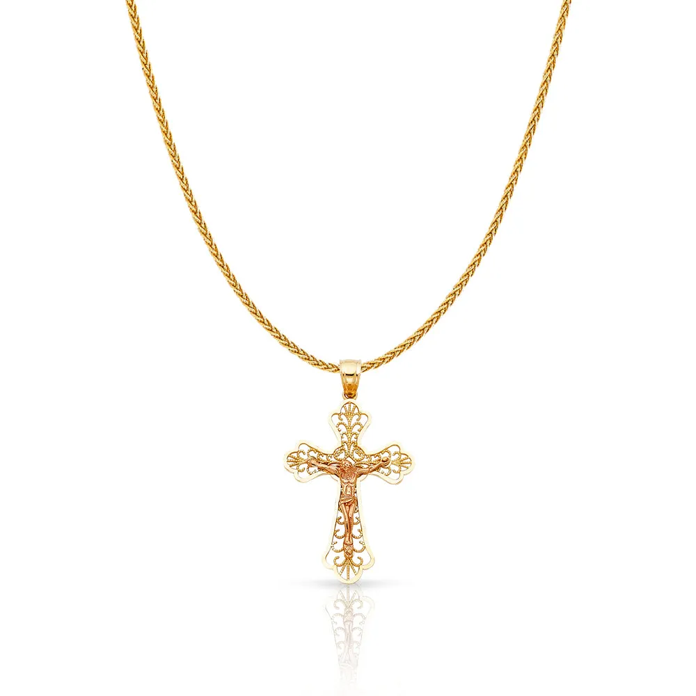 14K Gold Crucifix Charm Pendant with 1.1mm Wheat Chain Necklace