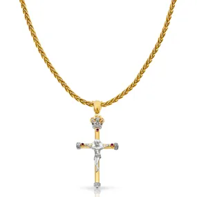 14K Gold Crucifix Charm Pendant with 1.4mm Round Wheat Chain Necklace