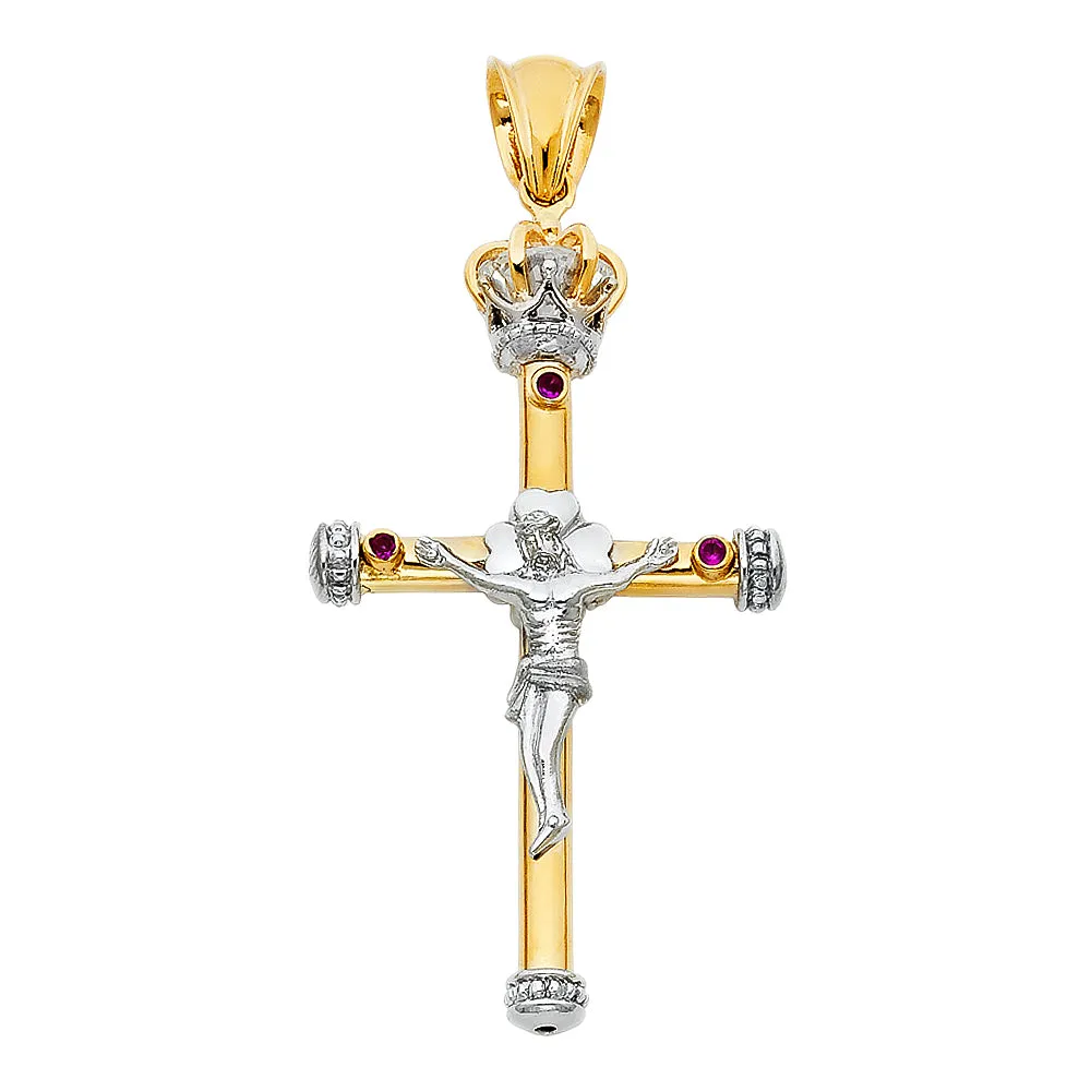 14K Gold Crucifix Charm Pendant with 1.4mm Round Wheat Chain Necklace