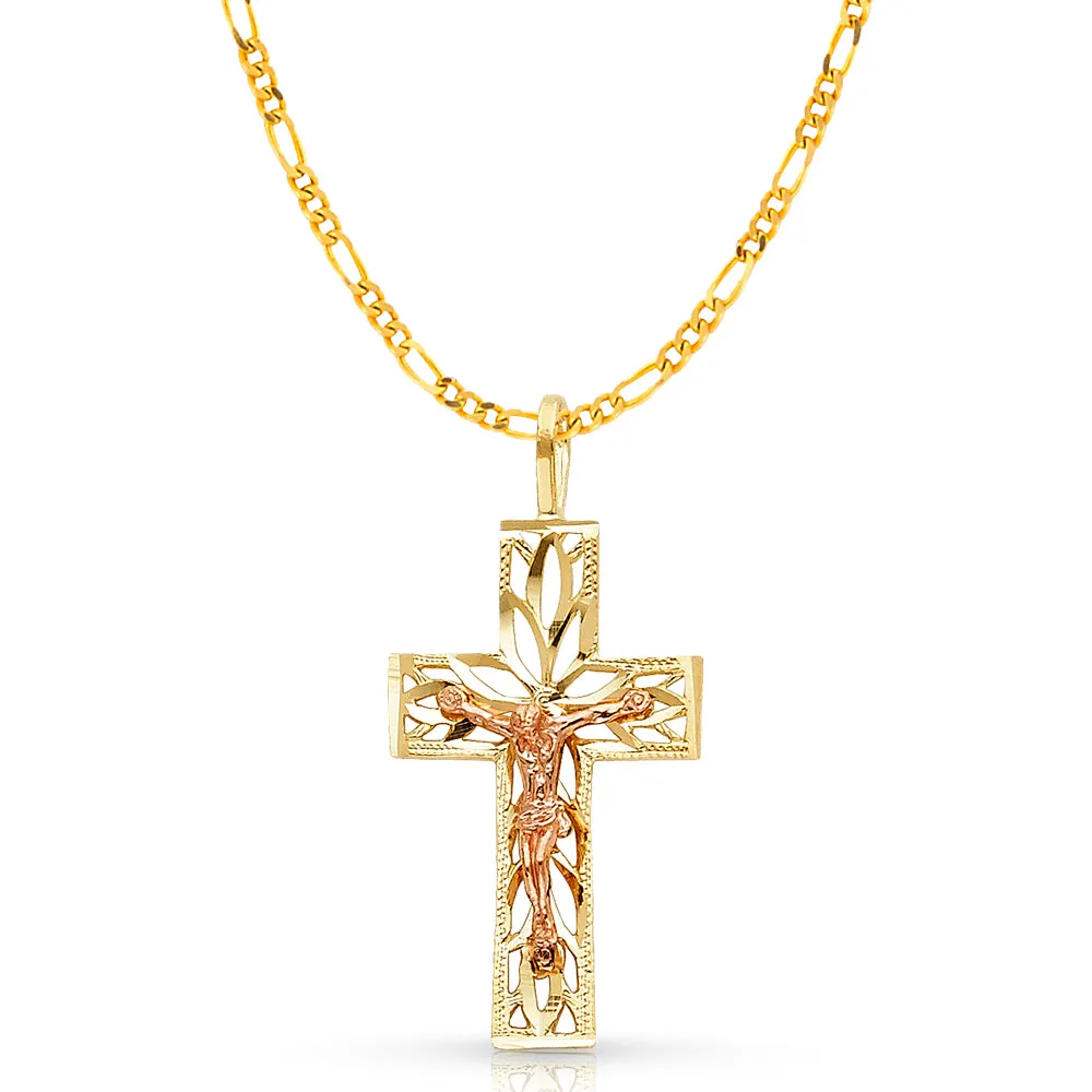 14K Gold Crucifix Charm Pendant with 2.3mm Figaro 3 1 Chain Necklace