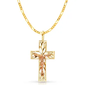 14K Gold Crucifix Charm Pendant with 2.3mm Figaro 3 1 Chain Necklace