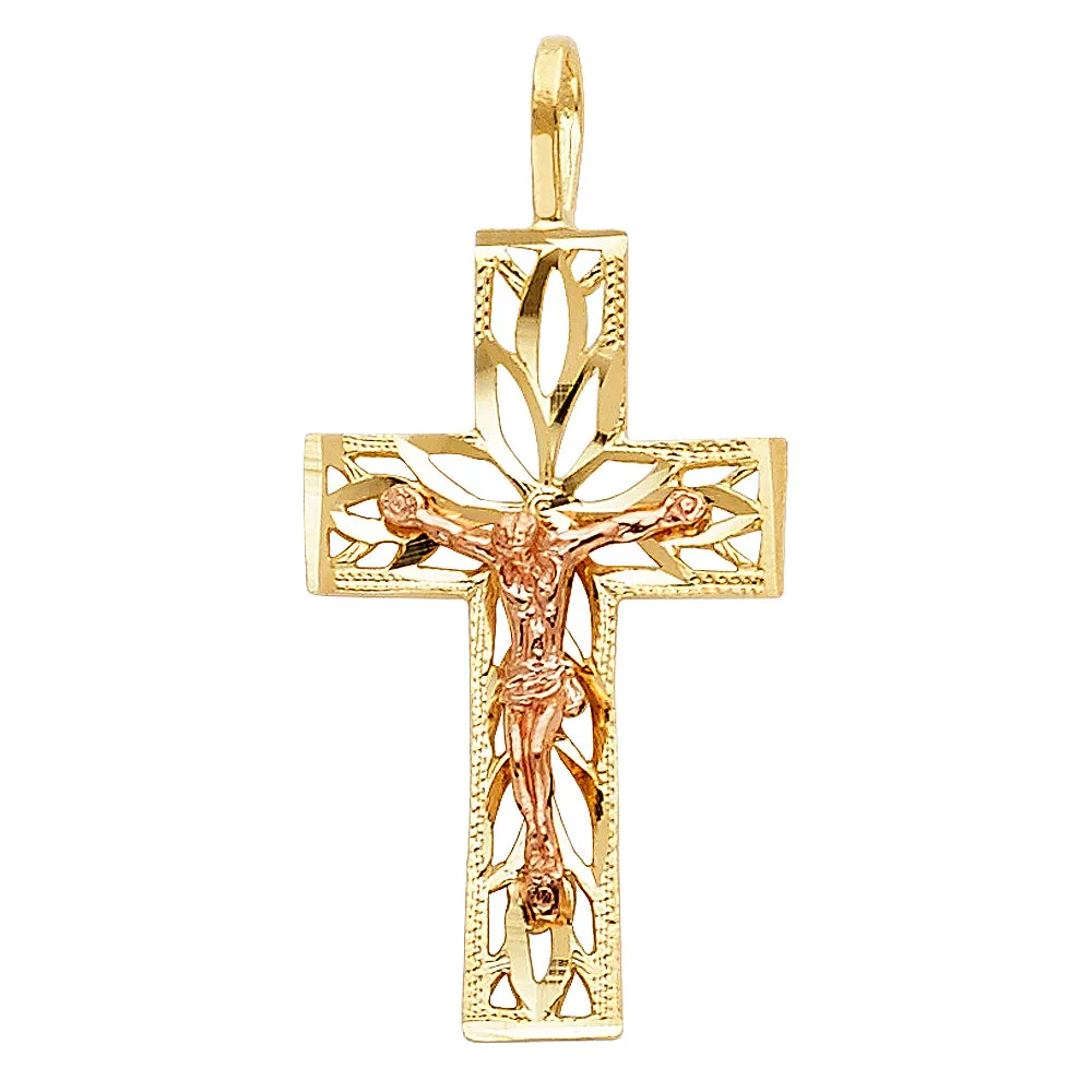 14K Gold Crucifix Charm Pendant with 2.3mm Figaro 3 1 Chain Necklace