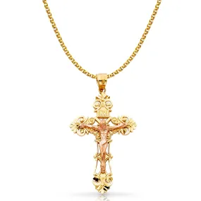 14K Gold Crucifix Charm Pendant with 2mm Flat Open Wheat Chain Necklace