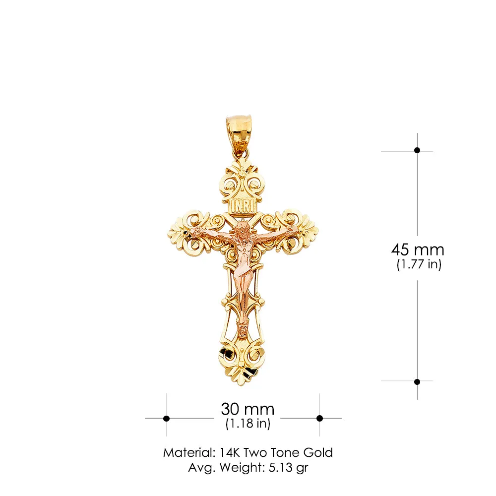 14K Gold Crucifix Charm Pendant with 2mm Flat Open Wheat Chain Necklace