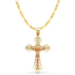 14K Gold Crucifix Charm Pendant with 3.1mm Figaro 3 1 Chain Necklace