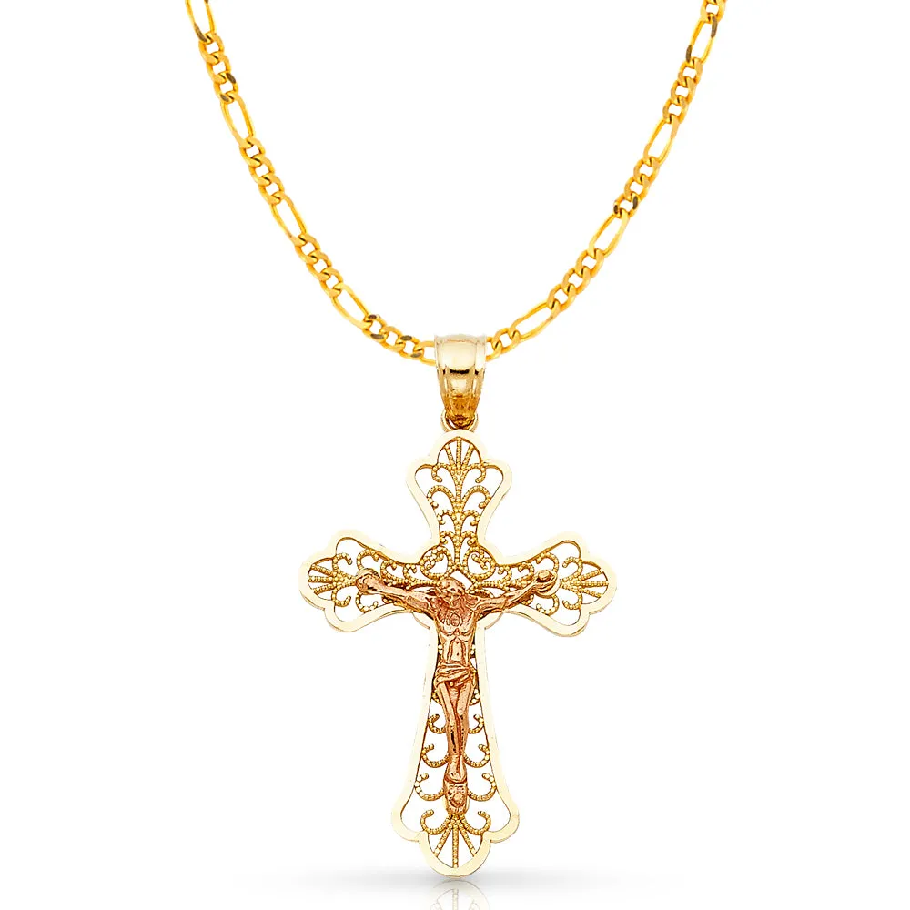 14K Gold Crucifix Charm Pendant with 3.1mm Figaro 3 1 Chain Necklace