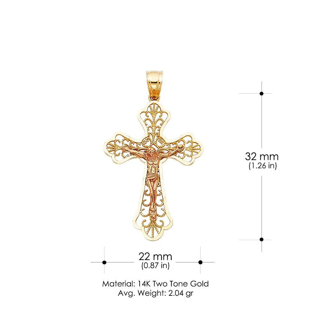 14K Gold Crucifix Charm Pendant with 3.1mm Figaro 3 1 Chain Necklace