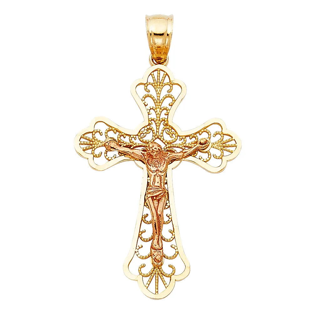 14K Gold Crucifix Charm Pendant with 3.1mm Figaro 3 1 Chain Necklace