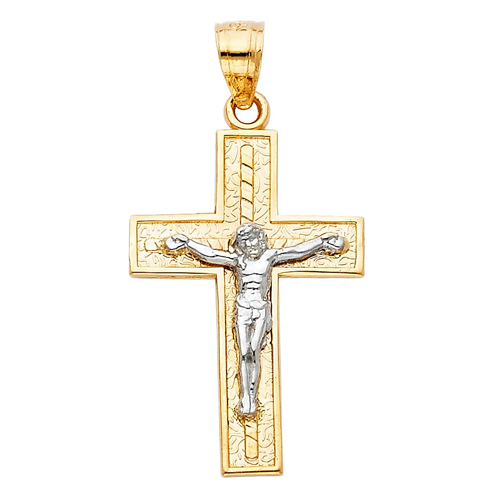 14K Gold Crucifix Cross Pendant with 1.7mm Flat Open Wheat Chain