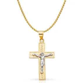 14K Gold Crucifix Cross Pendant with 1.7mm Flat Open Wheat Chain