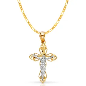 14K Gold Crucifix Cross Pendant with 2mm Figaro 3 1 Chain