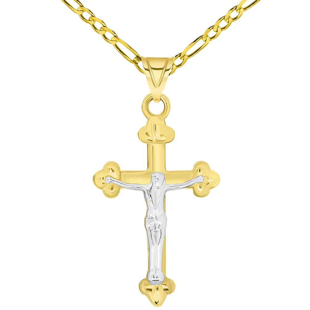 14k Solid Yellow Gold Christian Trefoil Cross Two Tone Crucifix Pendant Necklace Available with Figaro Chain