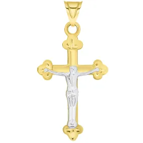 14k Solid Yellow Gold Christian Trefoil Cross Two Tone Crucifix Pendant Necklace Available with Figaro Chain