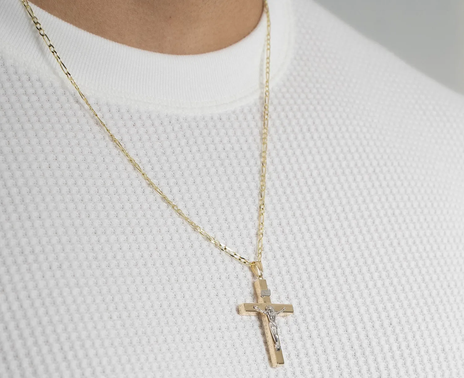 14k Two-Tone Gold 4mm Thick INRI Tubular Crucifix Roman Catholic Cross Pendant With Cable, Curb or Figaro Chain Necklace