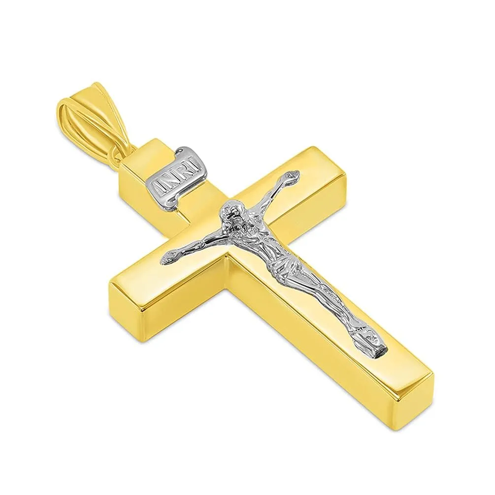 14k Two-Tone Gold 4mm Thick INRI Tubular Crucifix Roman Catholic Cross Pendant With Cable, Curb or Figaro Chain Necklace