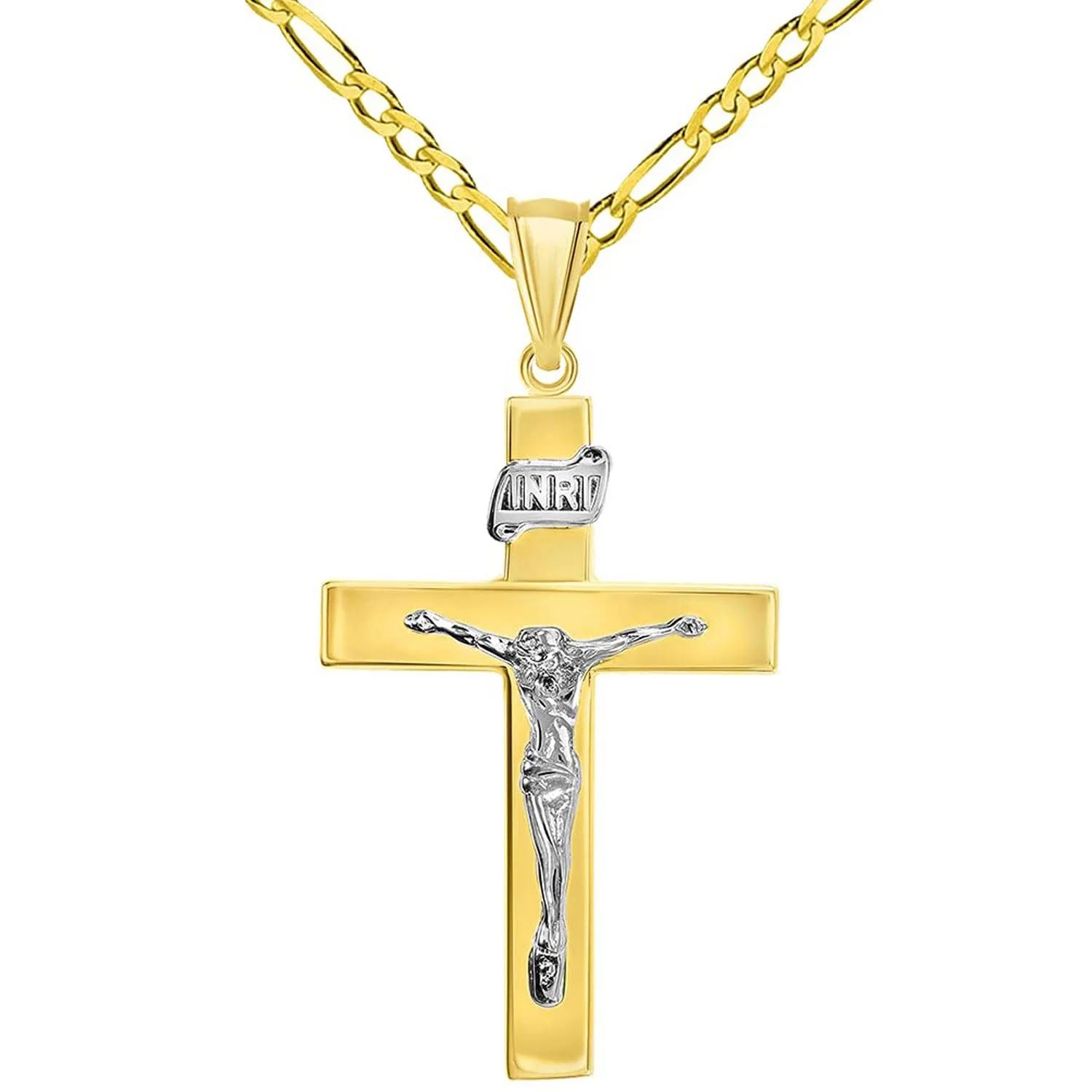 14k Two-Tone Gold 4mm Thick INRI Tubular Crucifix Roman Catholic Cross Pendant With Cable, Curb or Figaro Chain Necklace