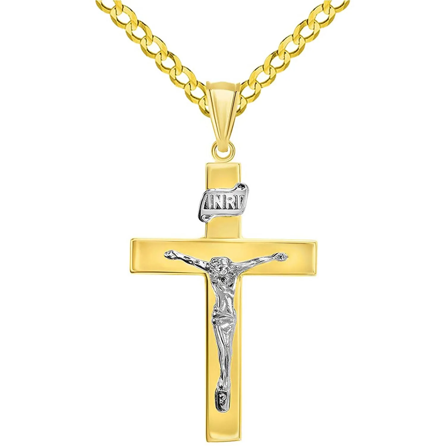 14k Two-Tone Gold 4mm Thick INRI Tubular Crucifix Roman Catholic Cross Pendant With Cable, Curb or Figaro Chain Necklace