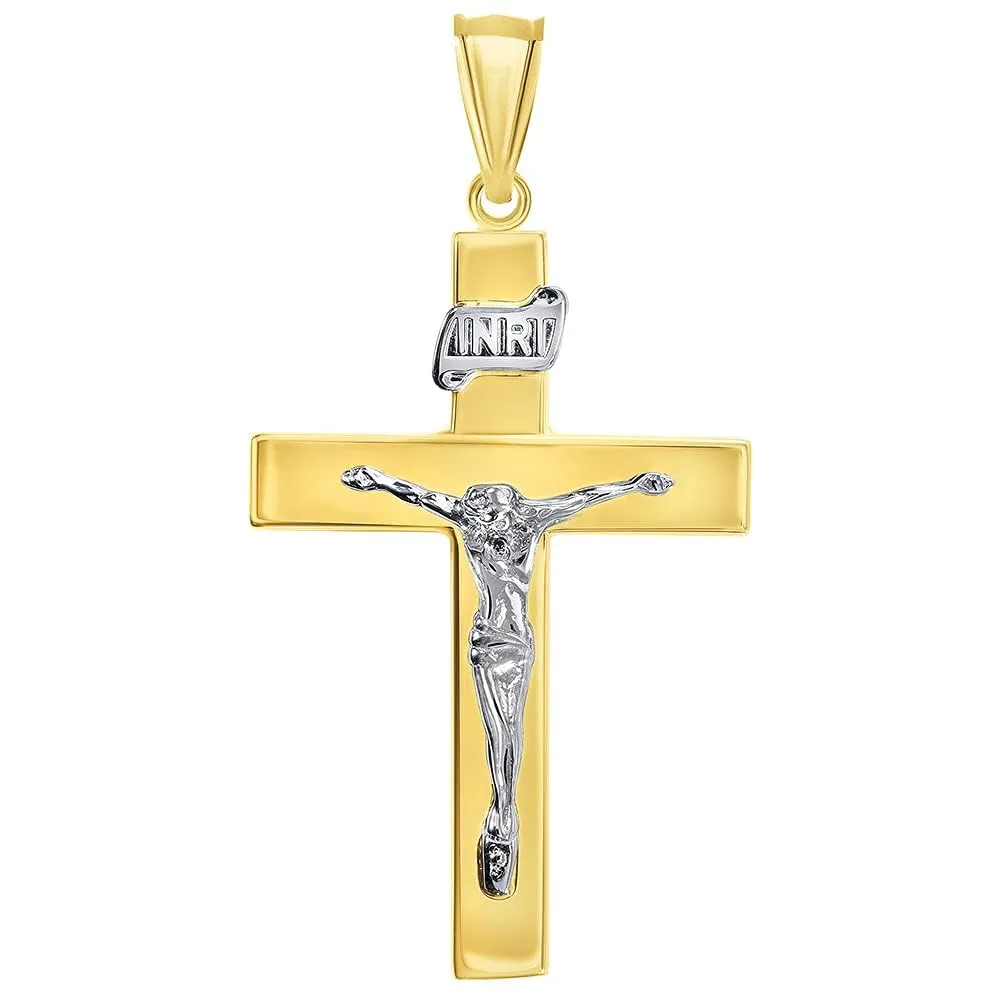 14k Two-Tone Gold 4mm Thick INRI Tubular Crucifix Roman Catholic Cross Pendant With Cable, Curb or Figaro Chain Necklace