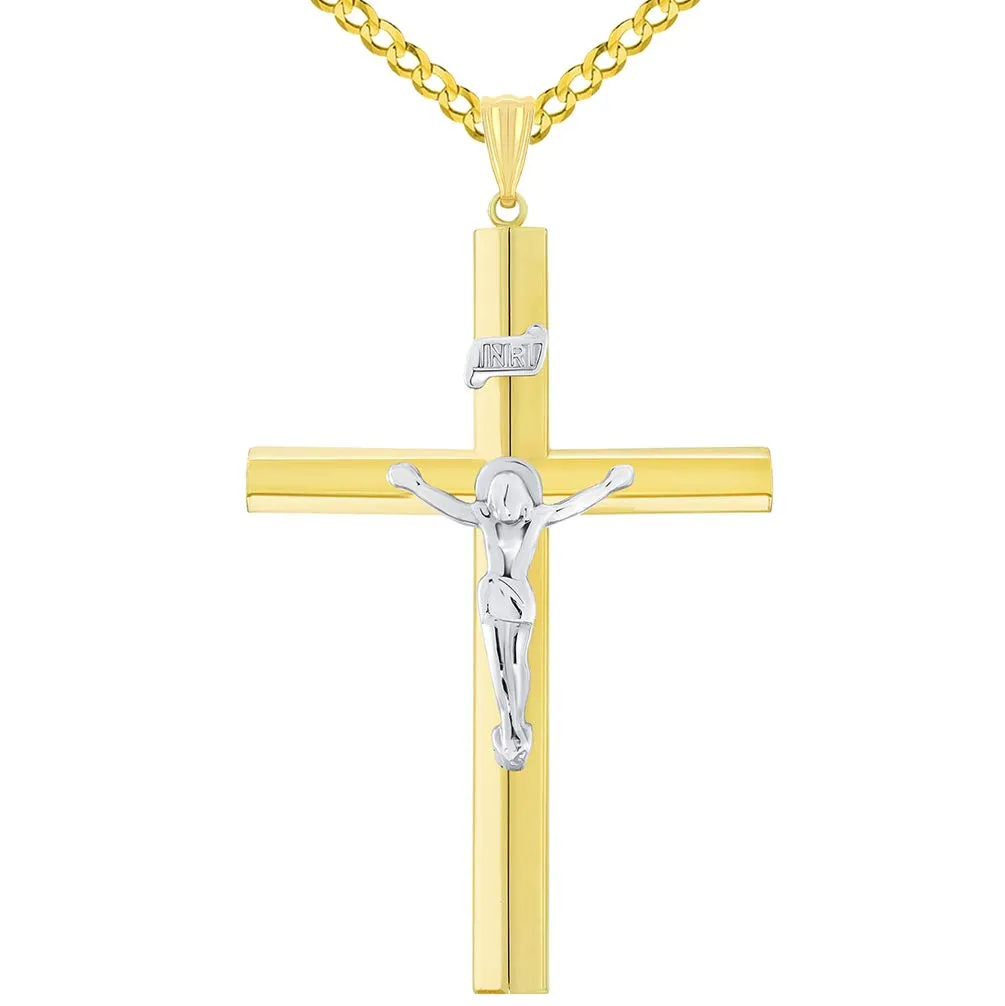 14k Two-Tone Gold 5.5mm Thick INRI Tubular Crucifix Cross Pendant with Curb Chain Necklace