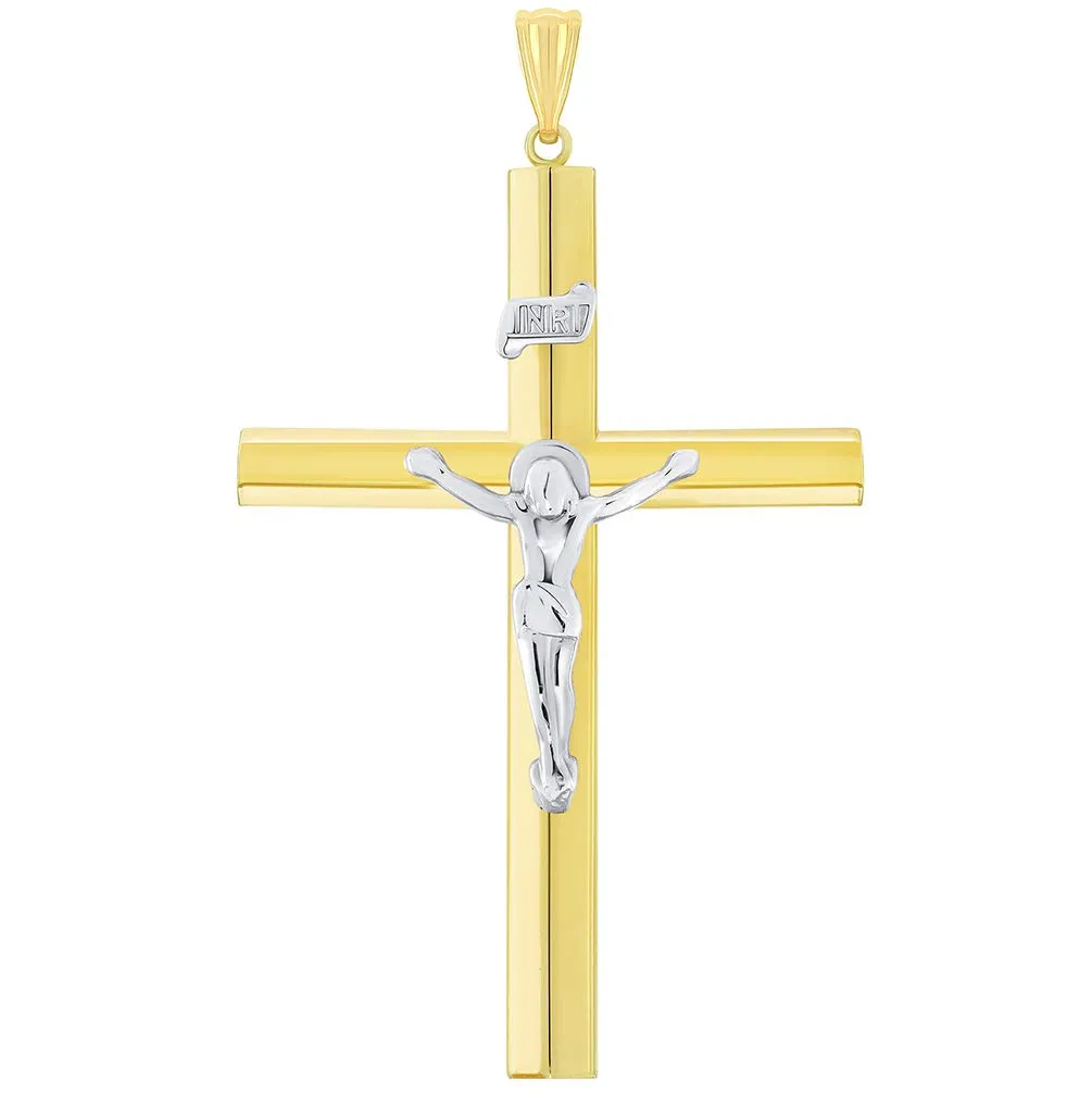 14k Two-Tone Gold 5.5mm Thick INRI Tubular Crucifix Cross Pendant with Curb Chain Necklace