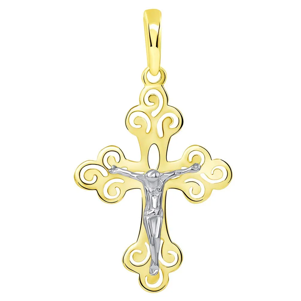 14k Two-Tone Gold Open Filigree Orthodox Cross Christian Crucifix Pendant with Figaro Necklace