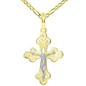 14k Two-Tone Gold Open Filigree Orthodox Cross Christian Crucifix Pendant with Figaro Necklace