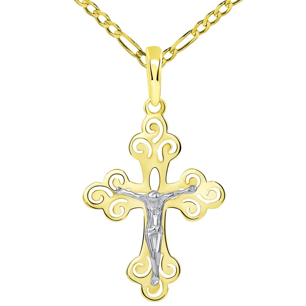 14k Two-Tone Gold Open Filigree Orthodox Cross Christian Crucifix Pendant with Figaro Necklace