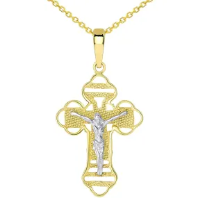 14k Two Tone Gold Outlined Orthodox Cross Jesus Christ Crucifix Pendant Necklace