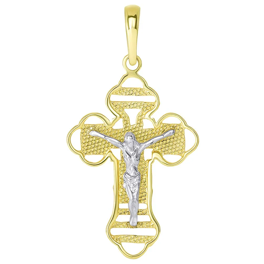 14k Two Tone Gold Outlined Orthodox Cross Jesus Christ Crucifix Pendant Necklace