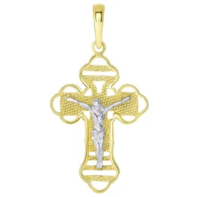 14k Two Tone Gold Outlined Orthodox Cross Jesus Christ Crucifix Pendant