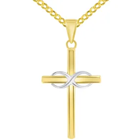 14k Two-Tone Gold Religious Plain Cross and Infinity Eternity Symbol Pendant Cuban Curb Chain Necklace