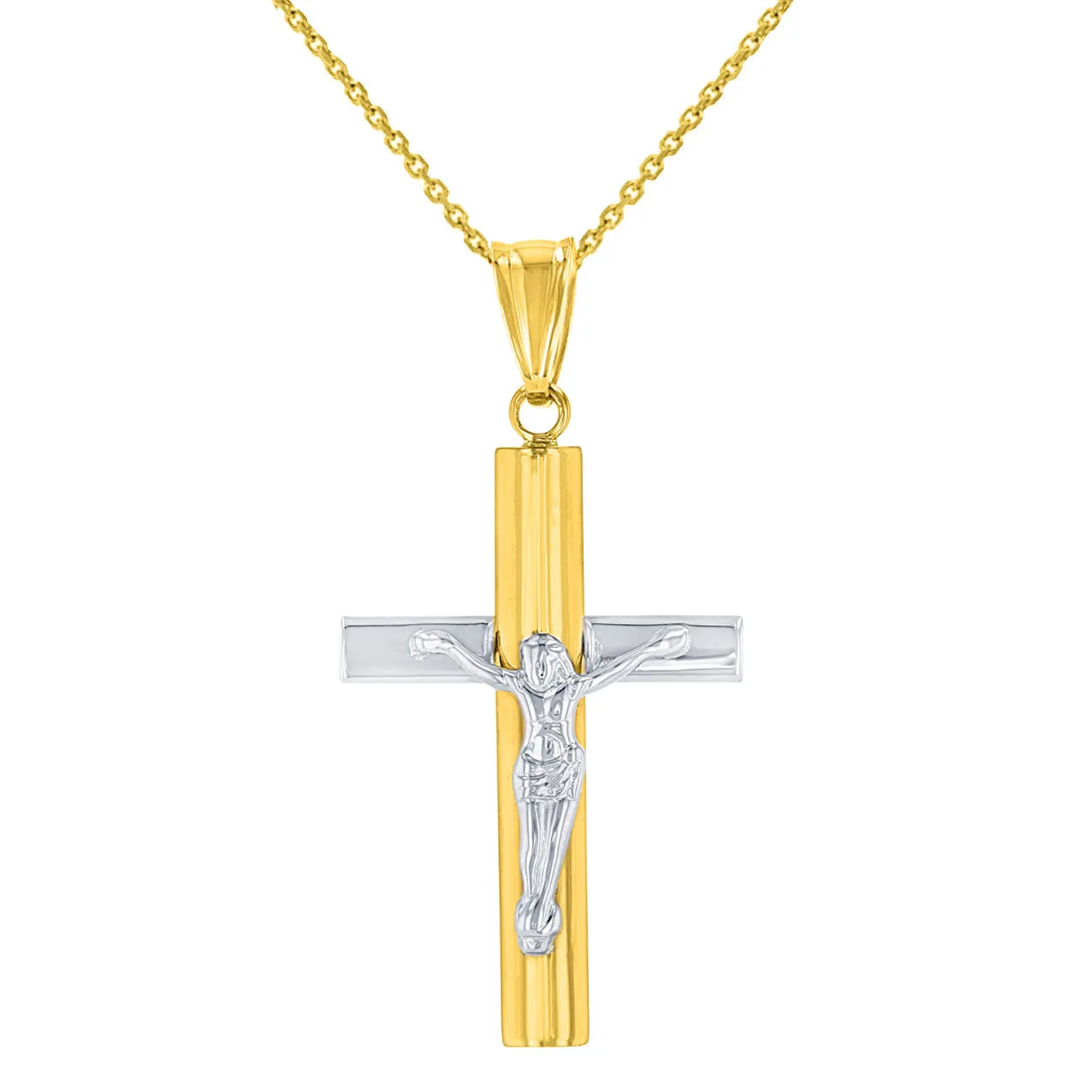 14K Yellow Gold & White Gold Religious Cross Crucifix with Jesus Christ Pendant Necklace