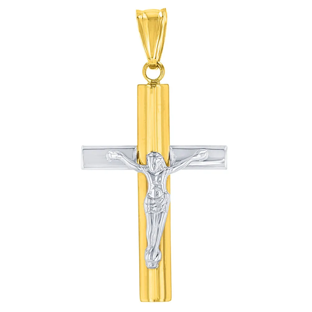 14K Yellow Gold & White Gold Religious Cross Crucifix with Jesus Christ Pendant Necklace