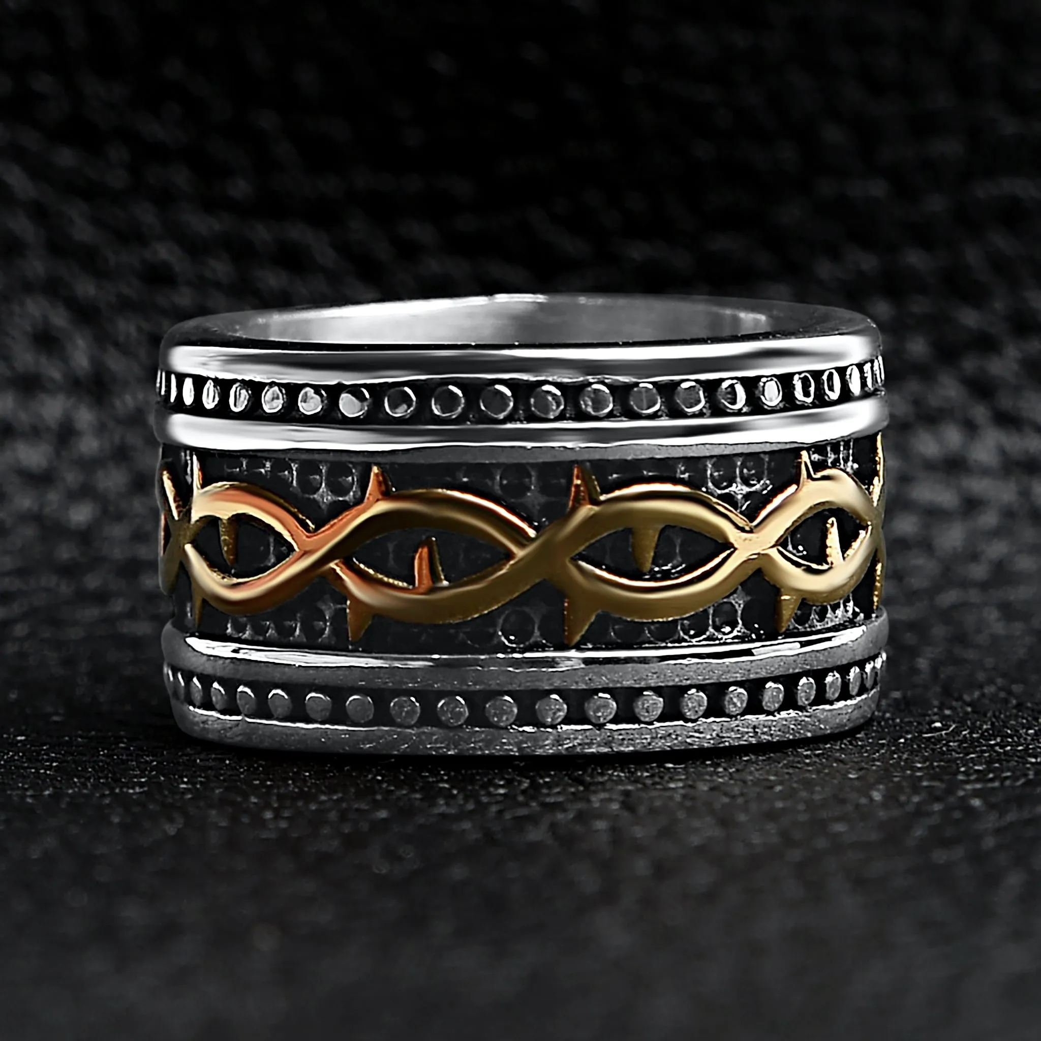 18K Gold PVD Coated Detailed Tribal Stainless Steel Ring / SCR4016