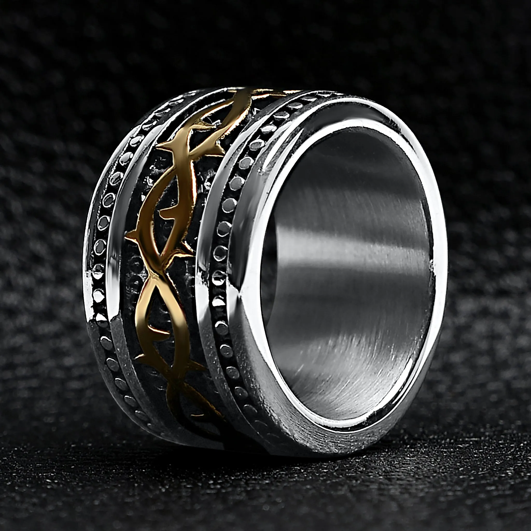 18K Gold PVD Coated Detailed Tribal Stainless Steel Ring / SCR4016