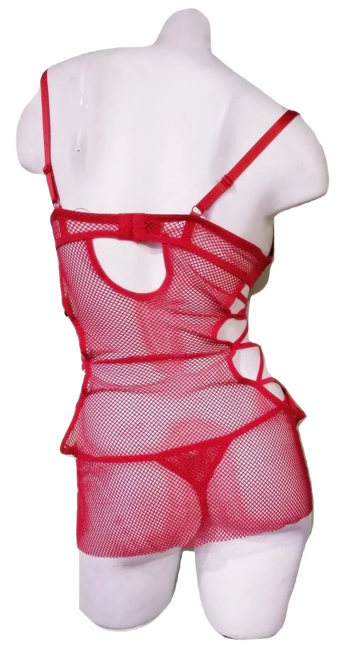 2 Piece Red Fishnet Mesh Dress & Thong