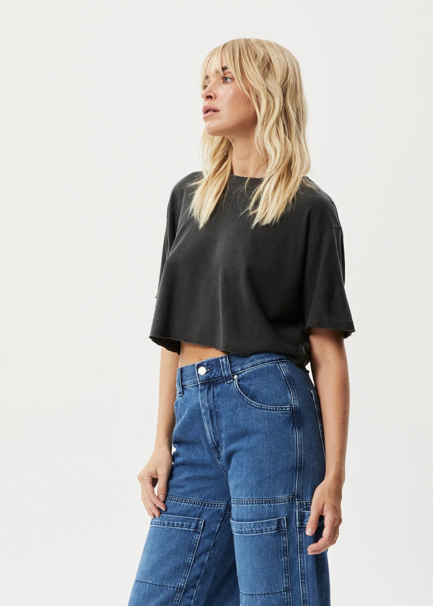 AFENDS Womens Slay Cropped - Oversized Tee - Stone Black