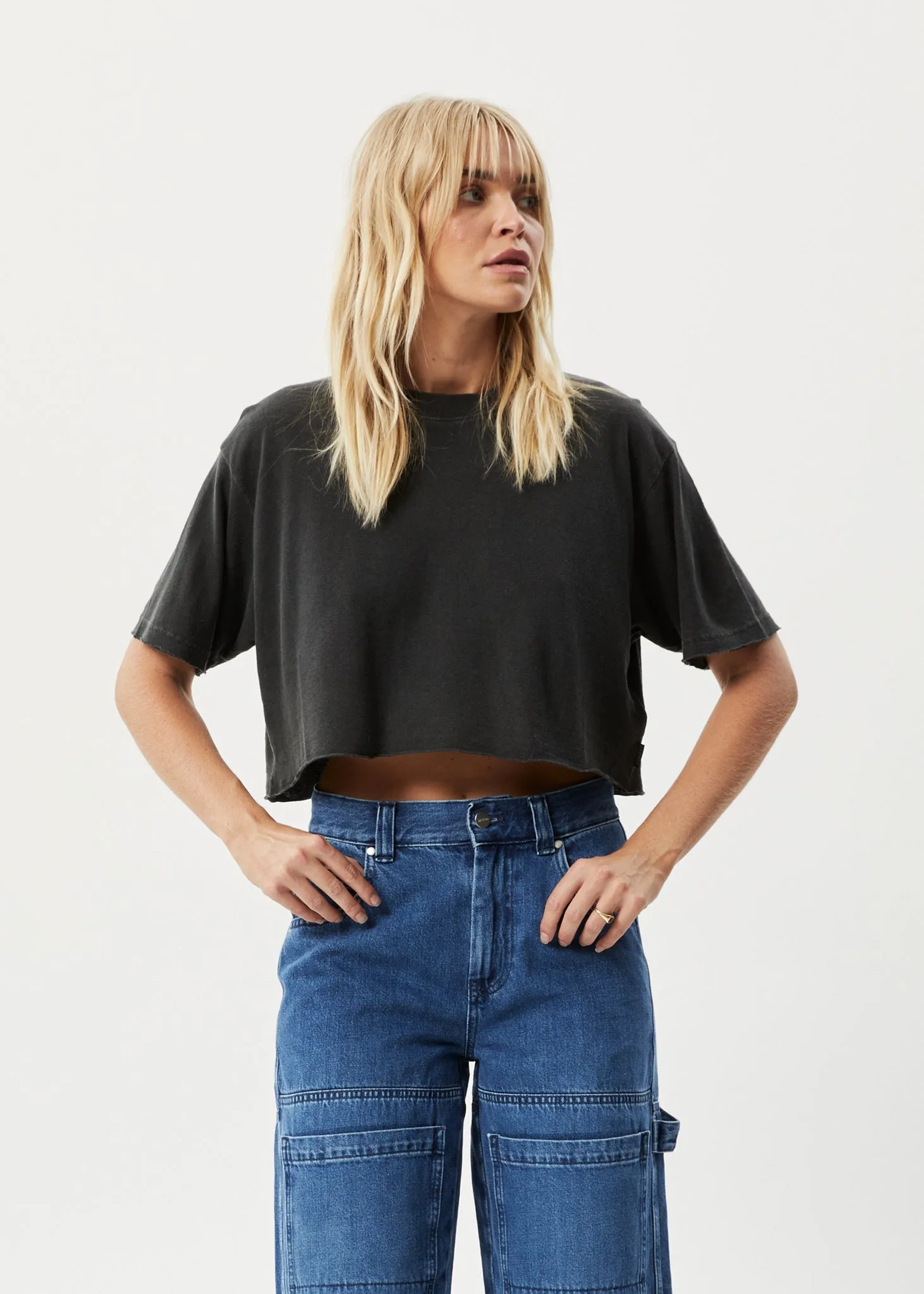 AFENDS Womens Slay Cropped - Oversized Tee - Stone Black