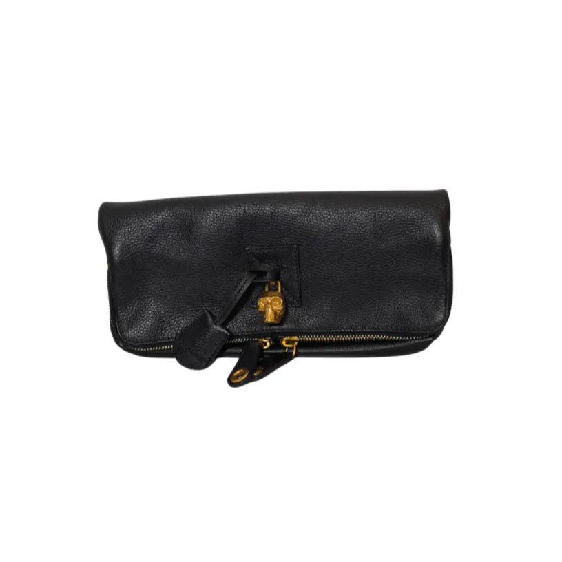 Alexander McQueen Black Leather Skull Padlock Foldover Clutch | Gently Used |