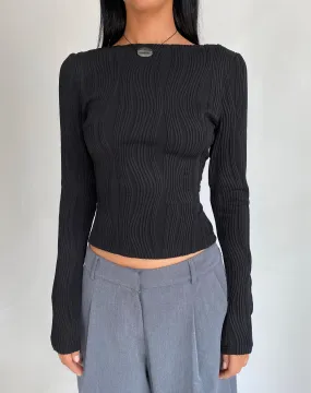 Amabon Long Sleeve Crop Top in Crinkle Black