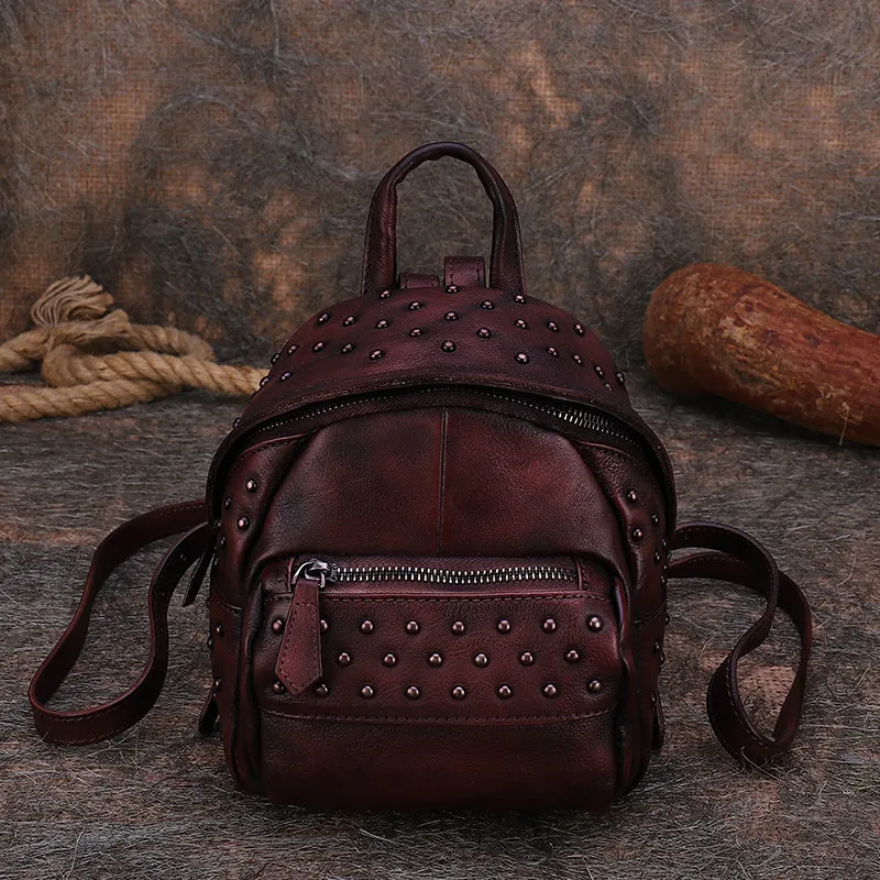 Best Vintage Rivets Coffee Leather Rucksack Womens Small School Rucksack Leather Backpack Purse