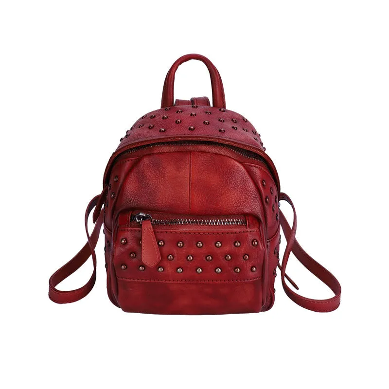 Best Vintage Rivets Coffee Leather Rucksack Womens Small School Rucksack Leather Backpack Purse