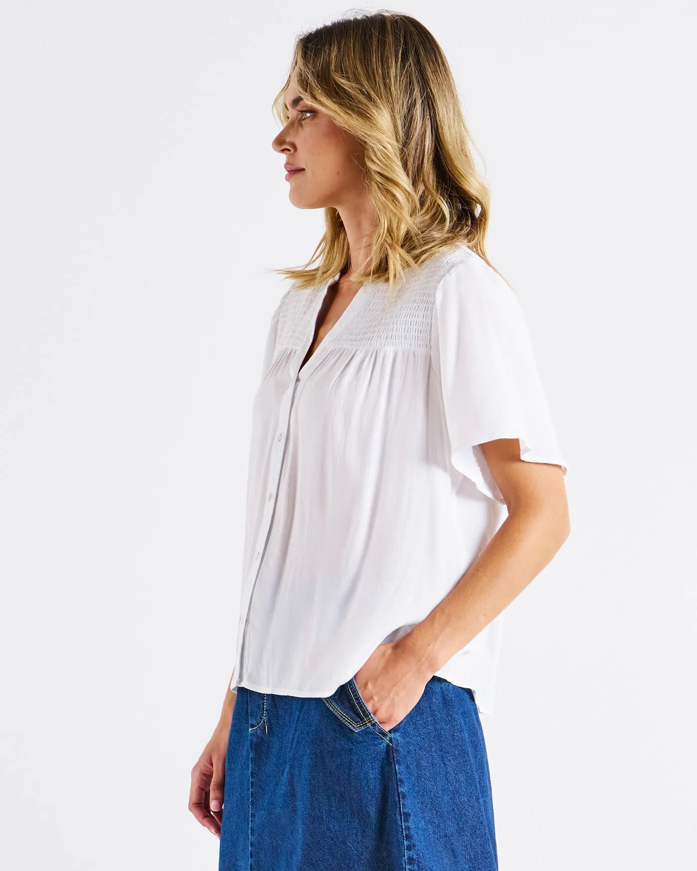 Betty Basics Sandy Shirred Blouse White