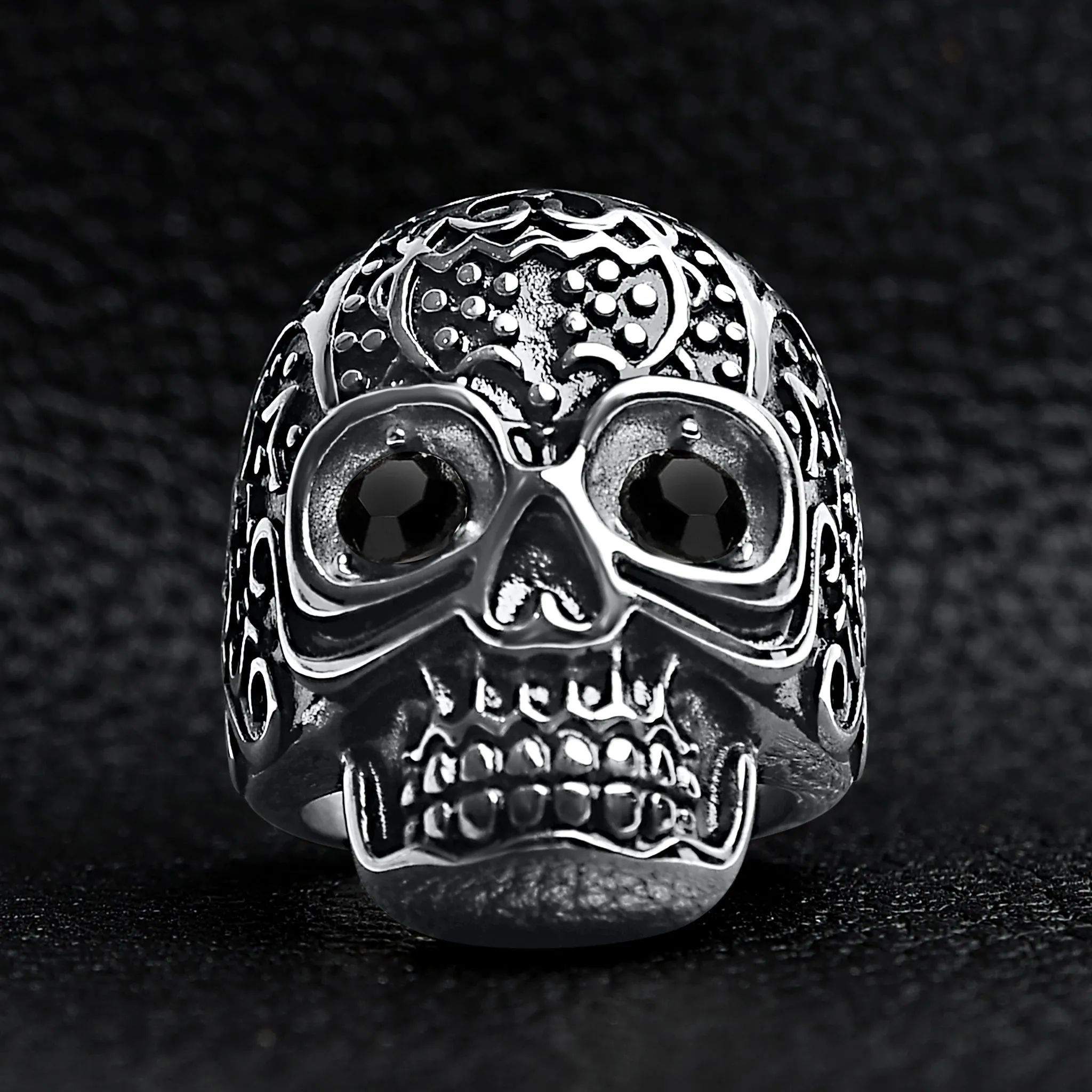 Black CZ Eyed Detailed Skull Stainless Steel Ring / SCR4045