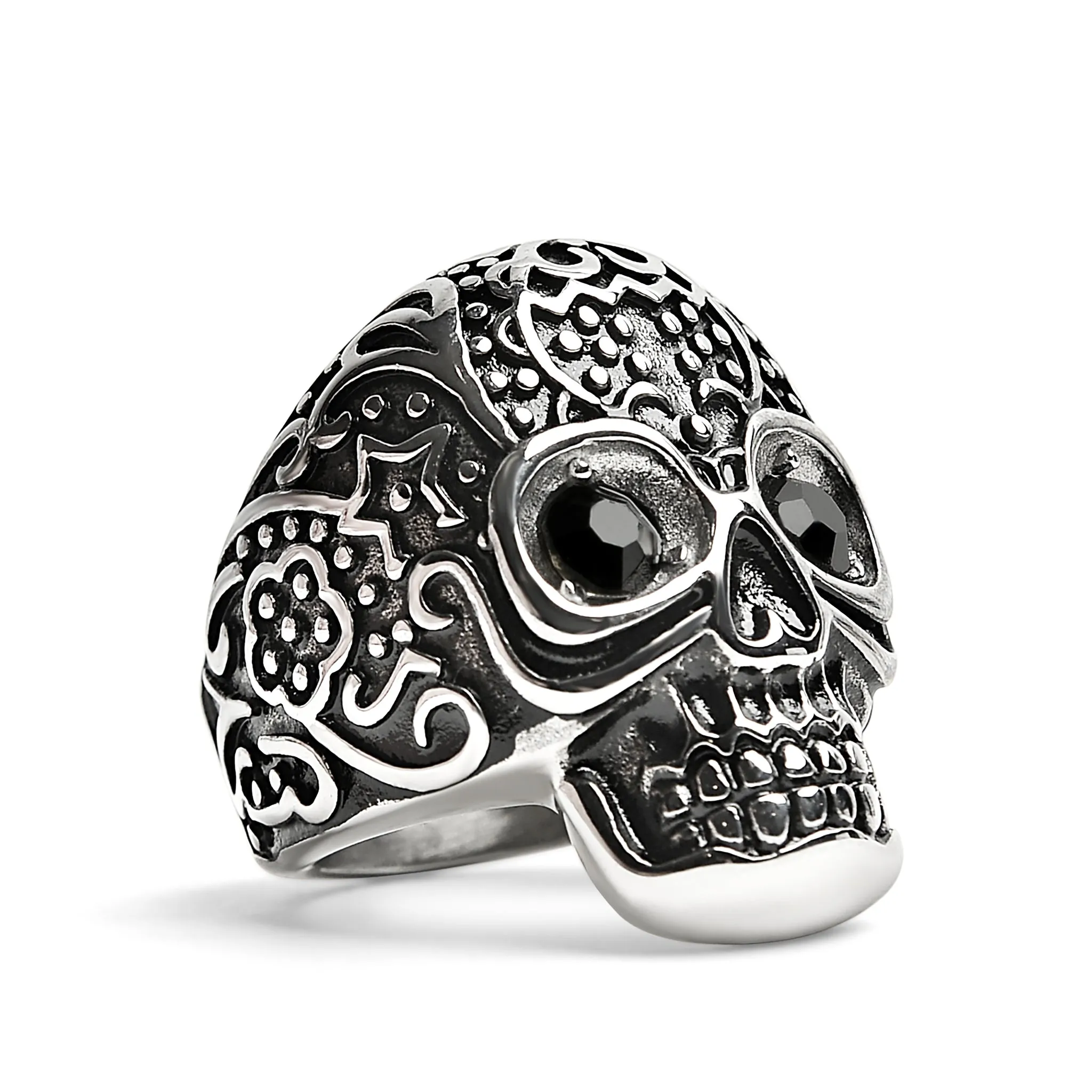 Black CZ Eyed Detailed Skull Stainless Steel Ring / SCR4045