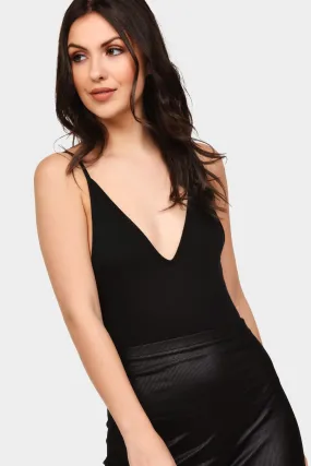 Black Rib Plunge Basic Bodysuit With Scoop Back