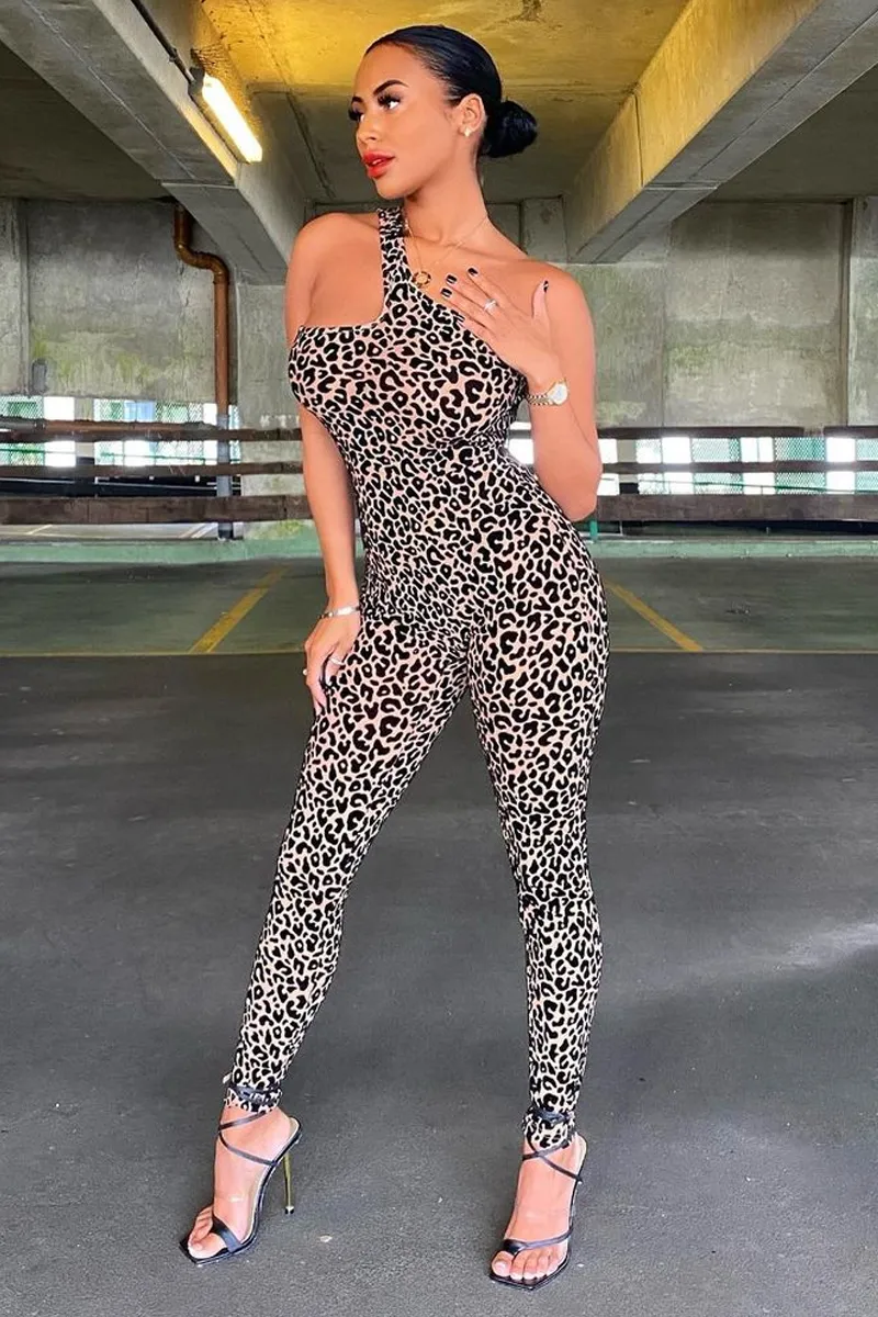 Brown Leopard Print Mesh Jumpsuit - Itza